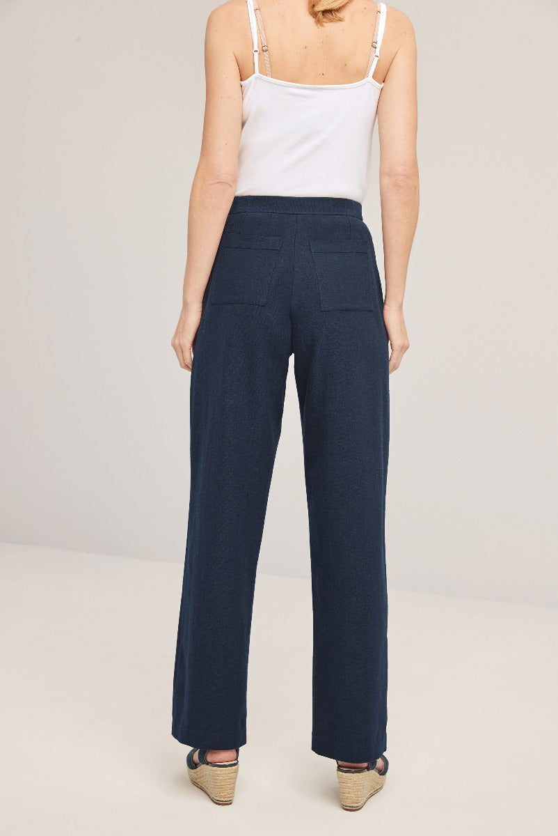 Lily Ella Collection navy blue tailored trousers, women's high-waisted wide-leg pants with pockets, elegant professional business casual outfit