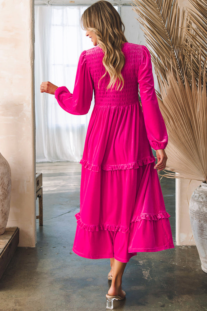Rose Red Shirred V Neck Long Sleeve Velvet Dress-1