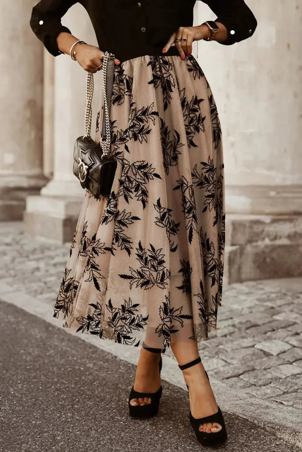 Apricot Floral Leaves Embroidered High Waist Maxi Skirt-0