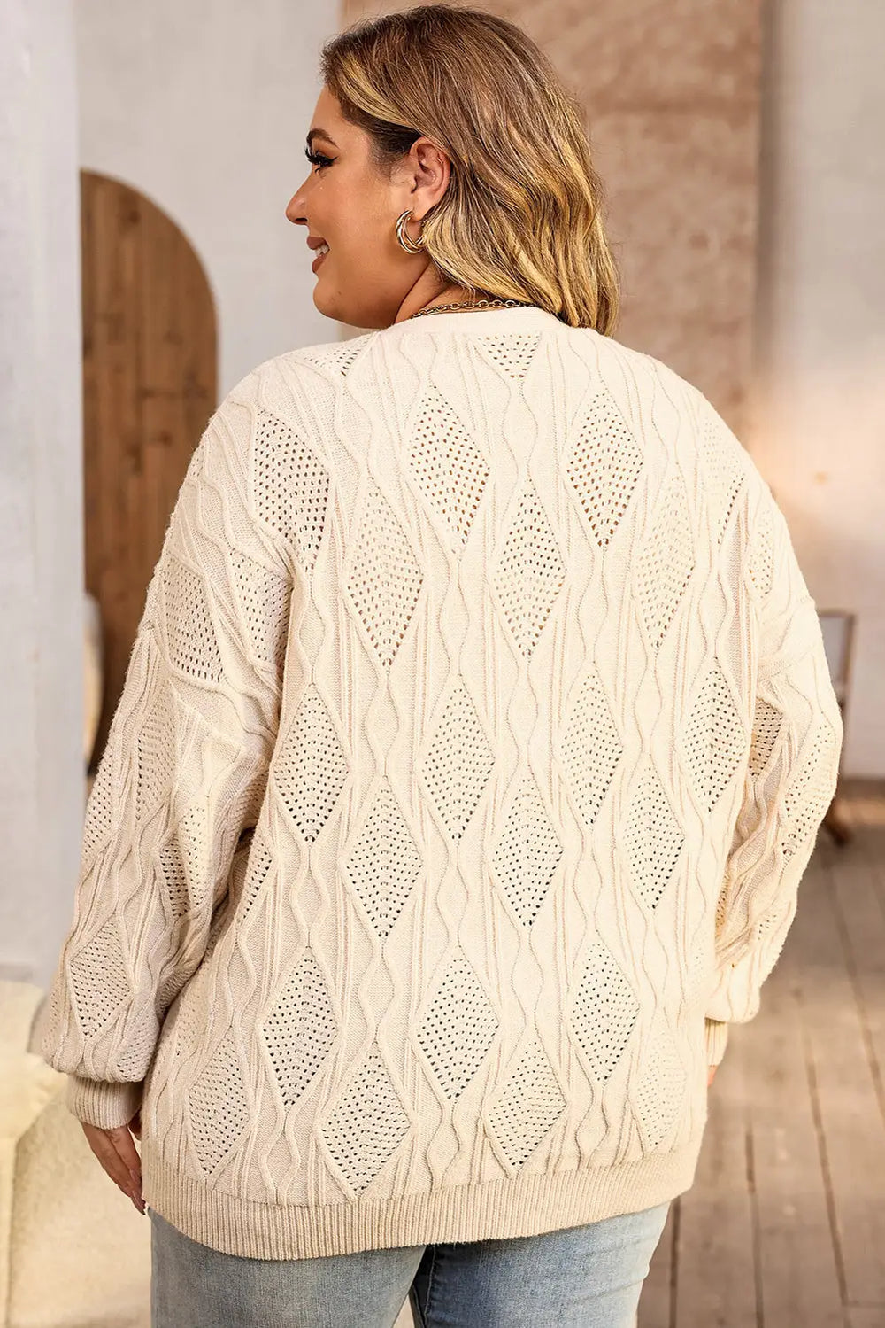 Apricot Plus Size Knitted Hollow out Button up Cardigan-3