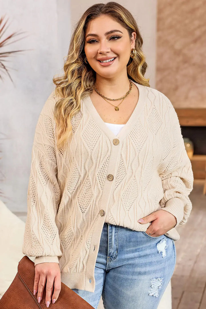 Apricot Plus Size Knitted Hollow out Button up Cardigan-2