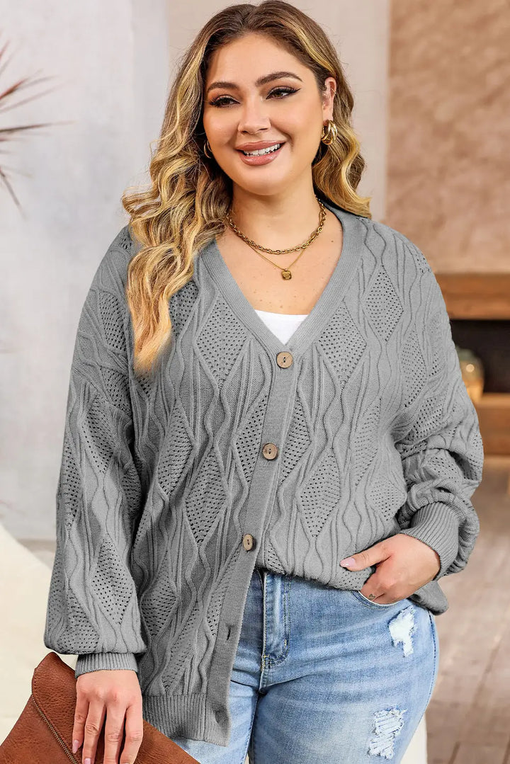 Apricot Plus Size Knitted Hollow out Button up Cardigan-5