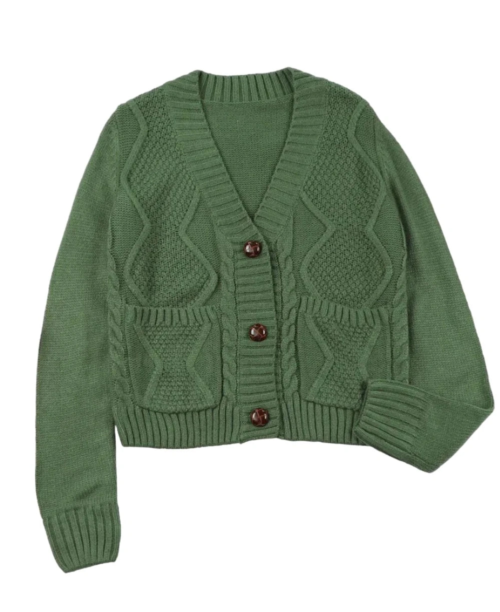 Black Front Pockets Buttons Textured Cardigan-28