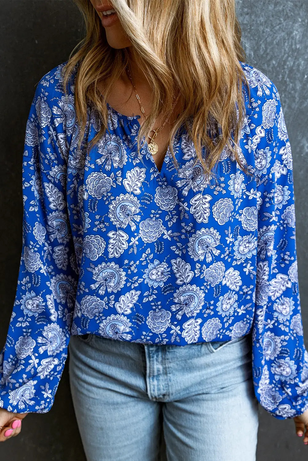 Blue Floral Notched V-Neck Long Sleeve Blouse-0