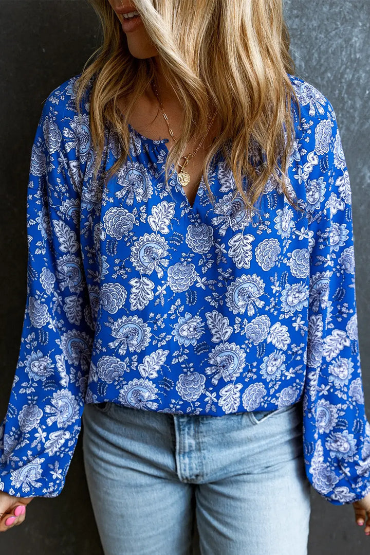 Blue Floral Notched V-Neck Long Sleeve Blouse-0