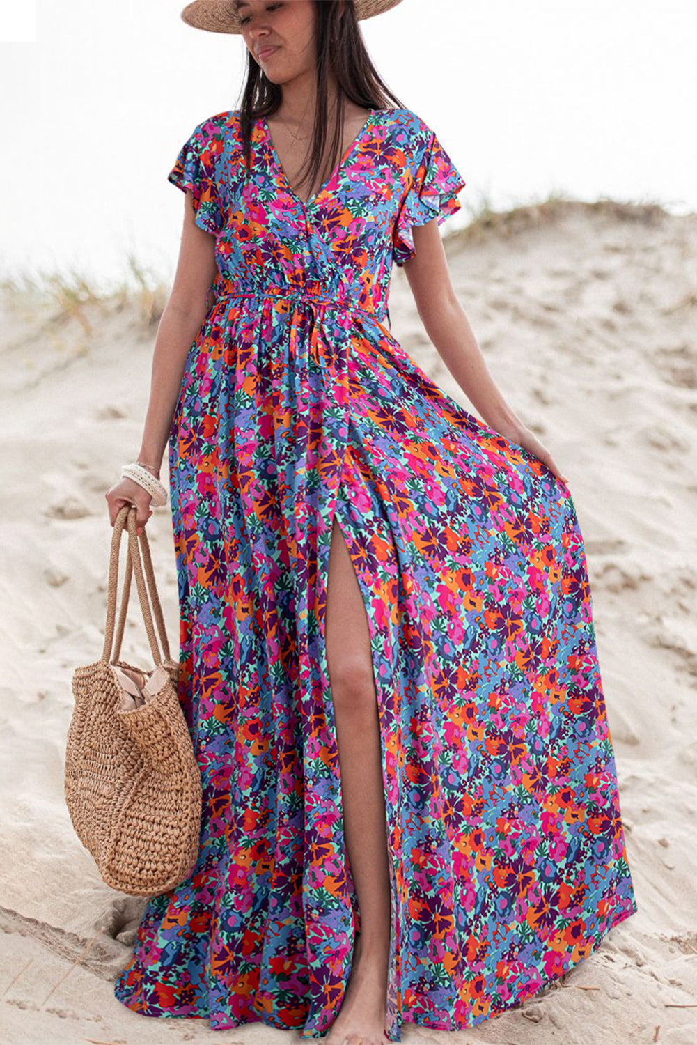 Blue Floral Wrap Split Maxi Dress-2