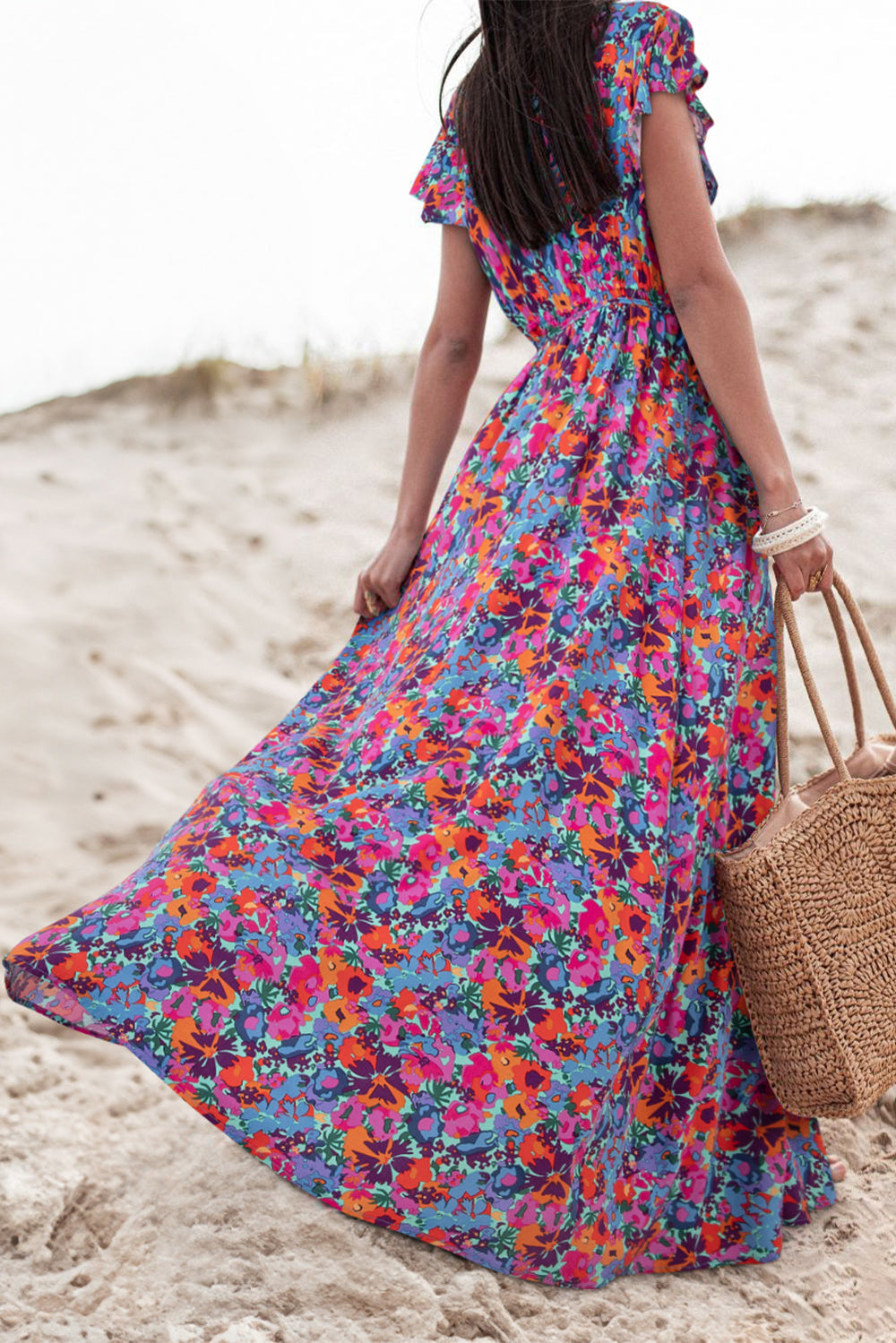 Blue Floral Wrap Split Maxi Dress-1