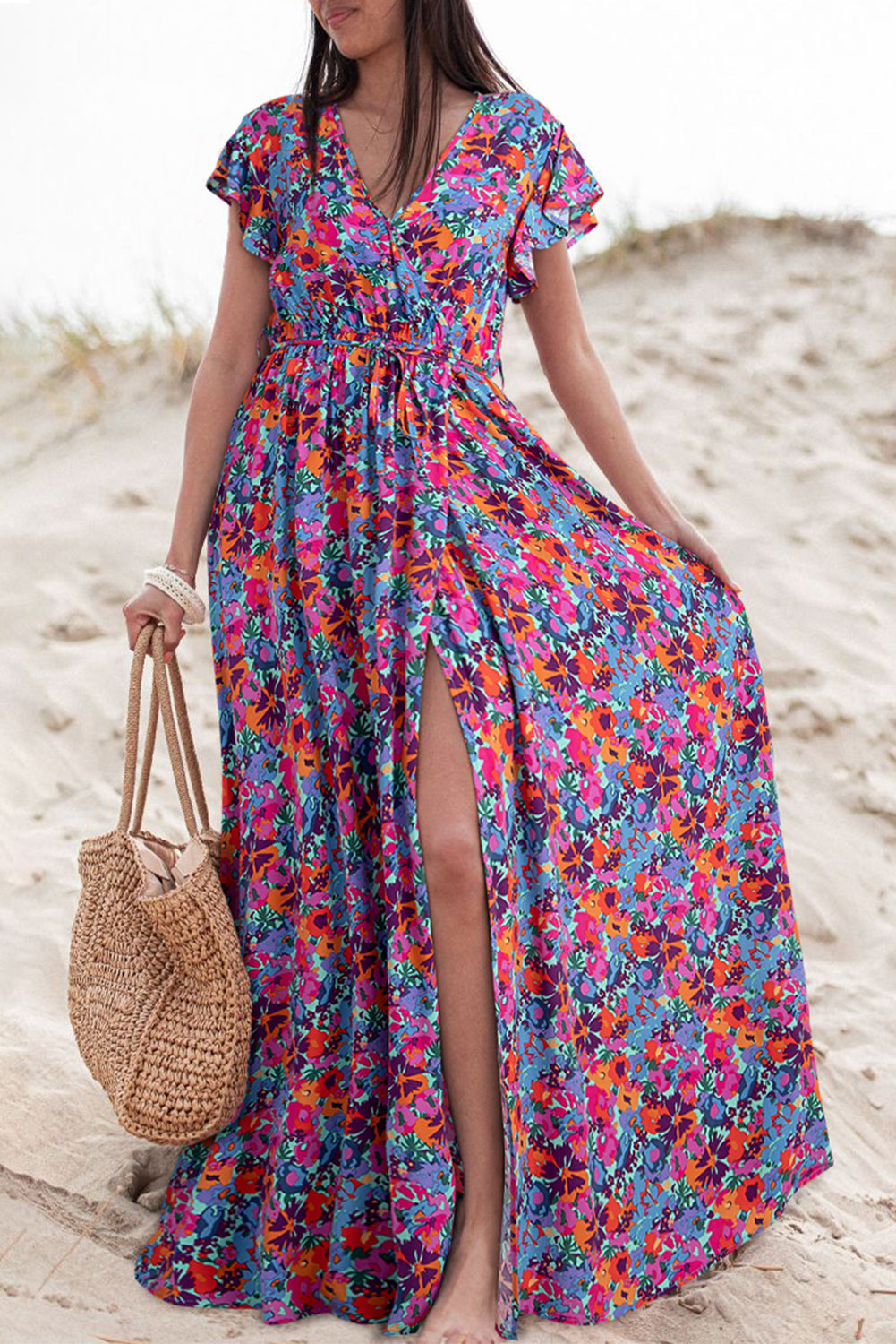Blue Floral Wrap Split Maxi Dress-0