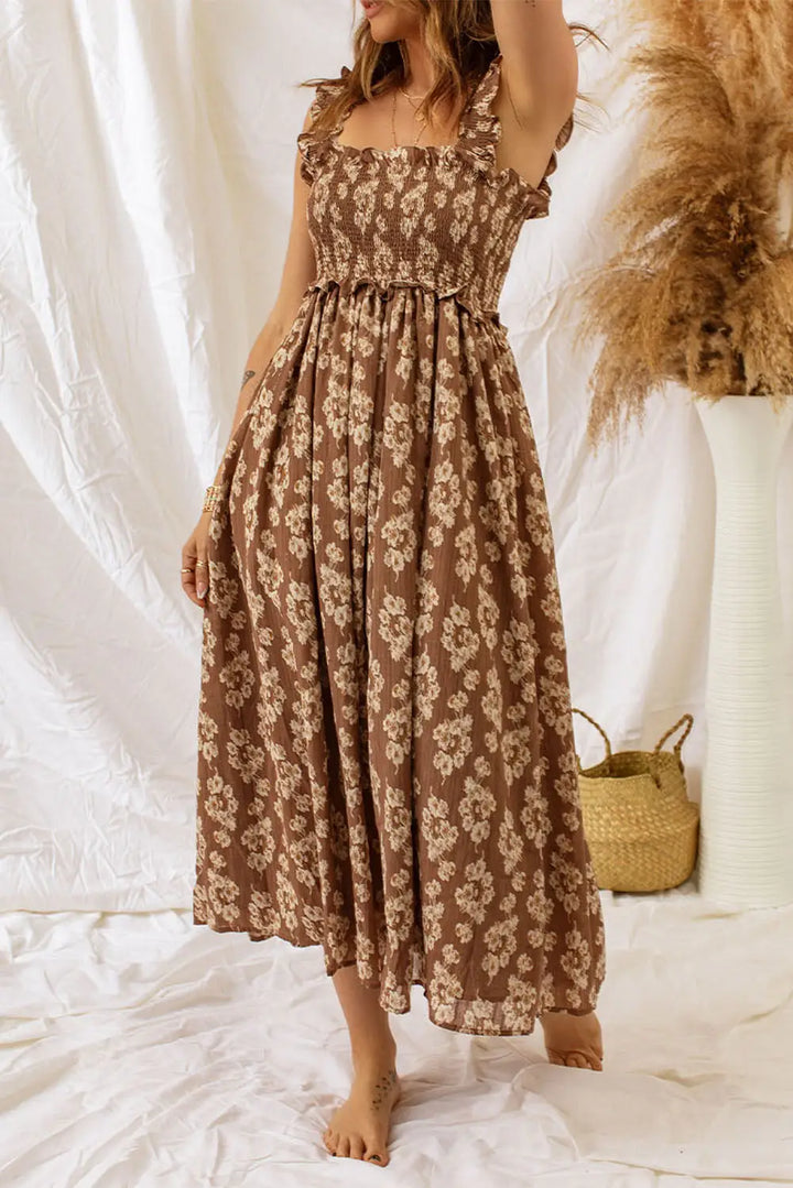 Brown Ruffled Straps Smocked Floral Maxi Dress-2