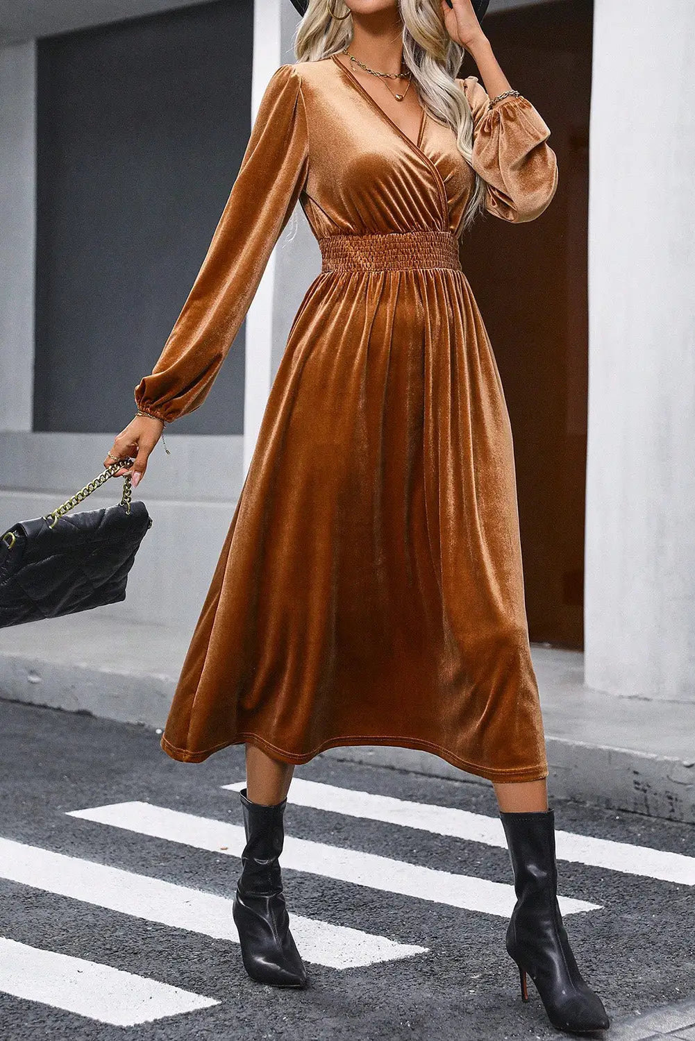 Camel Wrap V Neck Smocked High Waist Velvet Midi Dress-4