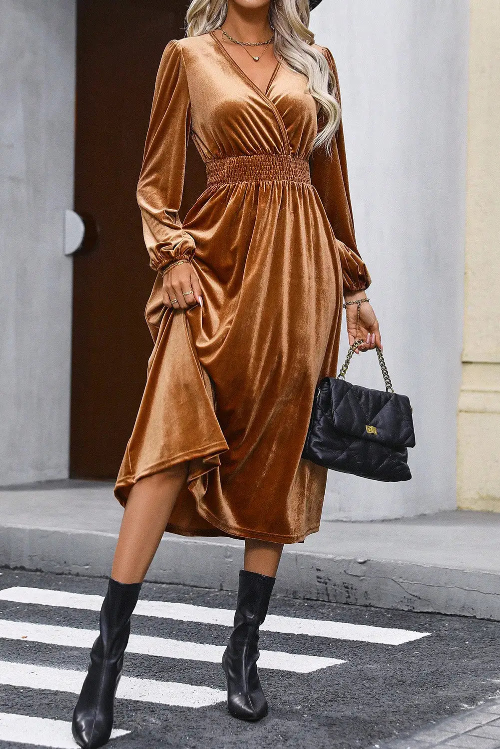 Camel Wrap V Neck Smocked High Waist Velvet Midi Dress-3