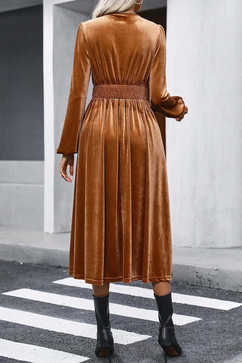 Camel Wrap V Neck Smocked High Waist Velvet Midi Dress-1