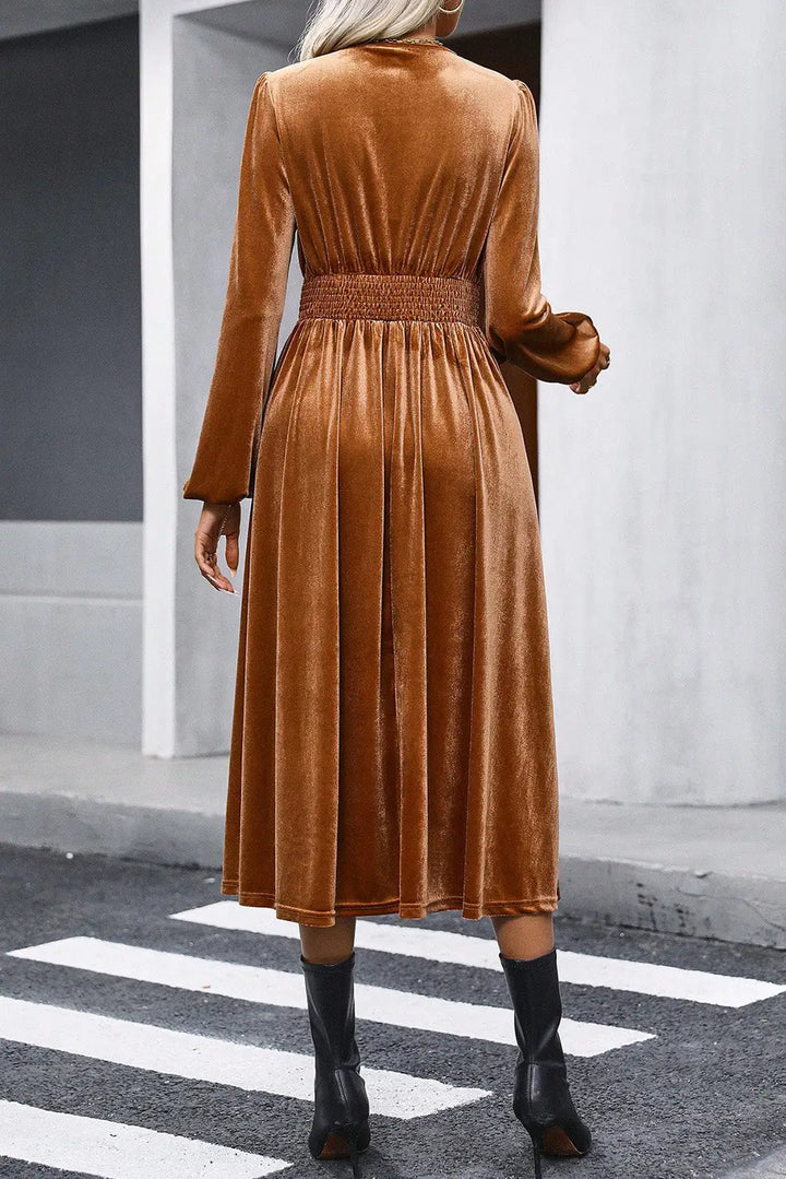 Camel Wrap V Neck Smocked High Waist Velvet Midi Dress-1