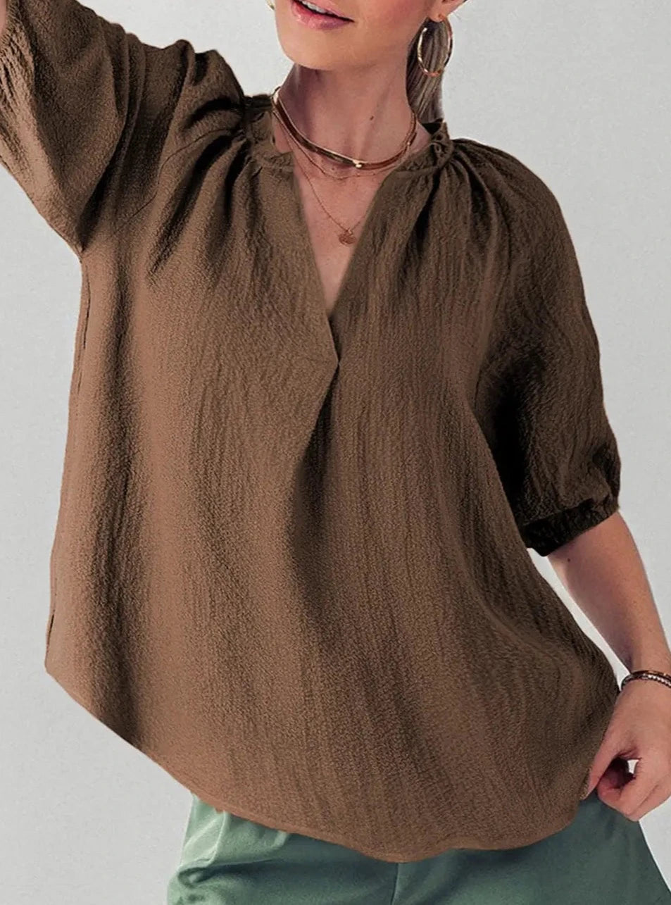 Chicory Puff Sleeve Crinkle Blouse-0
