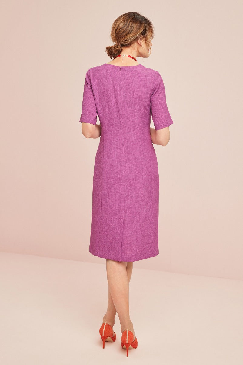 Lily Ella Collection elegant purple midi dress with short sleeves and red high heels, sophisticated women's fashion, rear view