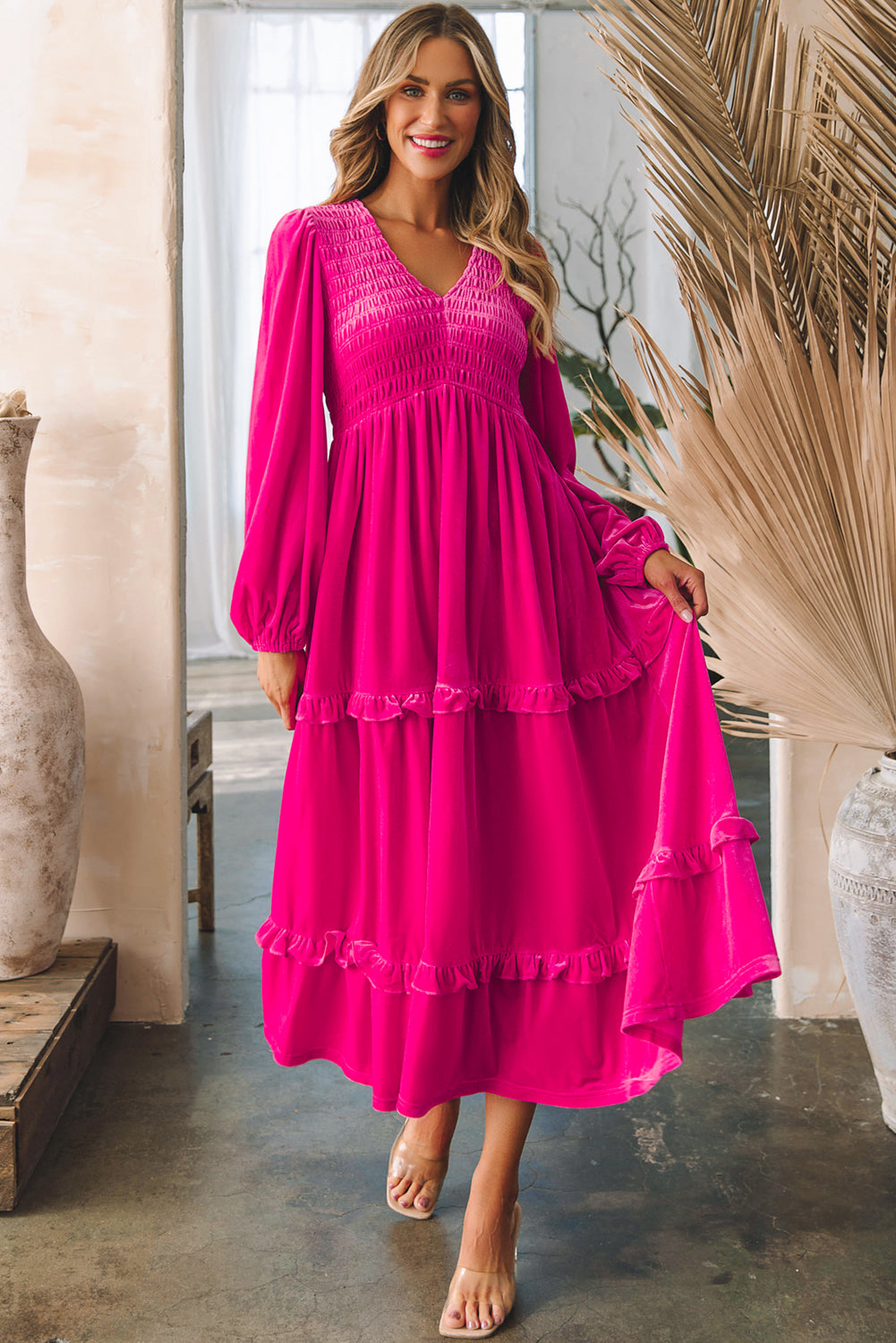 Rose Red Shirred V Neck Long Sleeve Velvet Dress-0