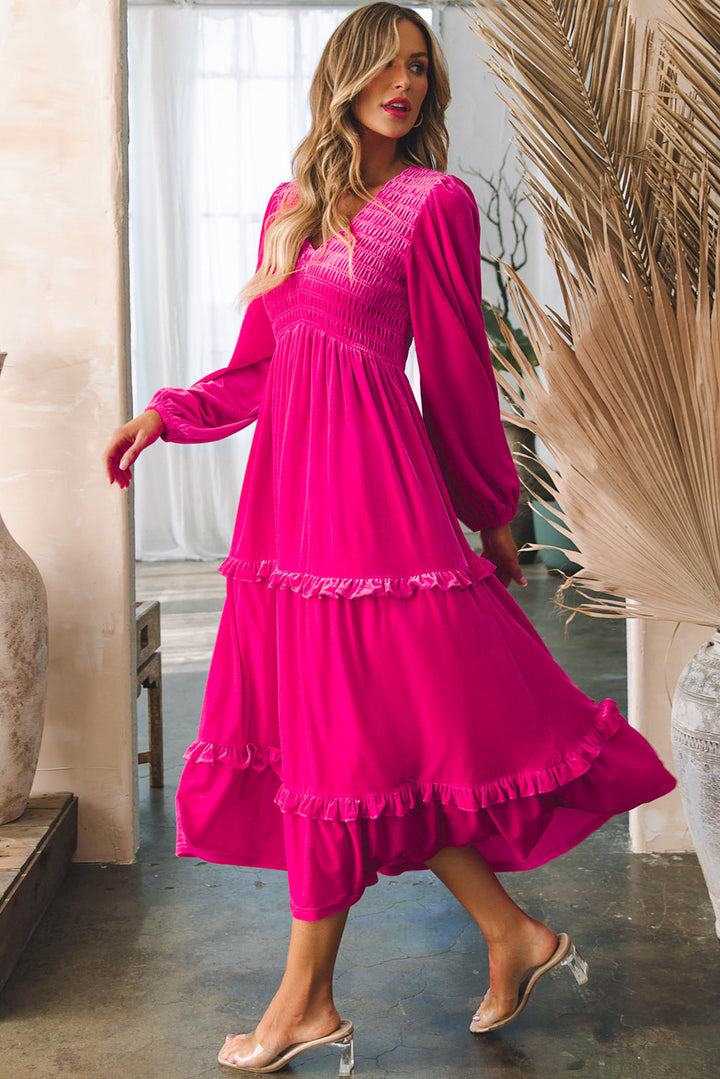 Rose Red Shirred V Neck Long Sleeve Velvet Dress-2