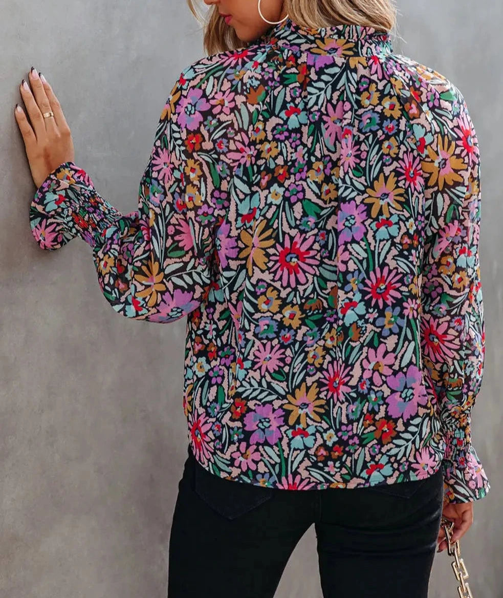 Multicolor Floral Print Ruffled Long Sleeve V-Neck Blouse-1