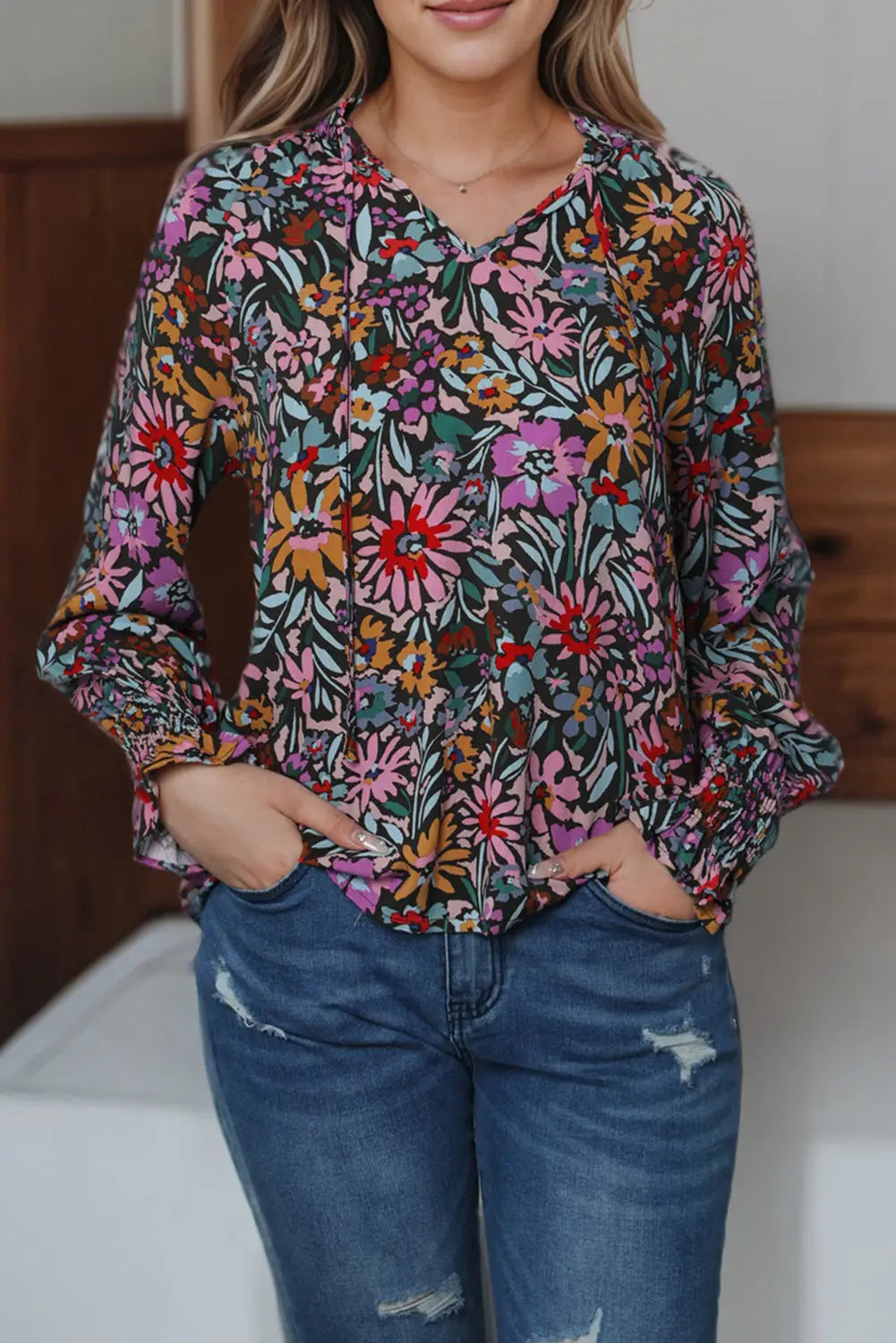 Multicolor Floral Print Ruffled Long Sleeve V-Neck Blouse-4
