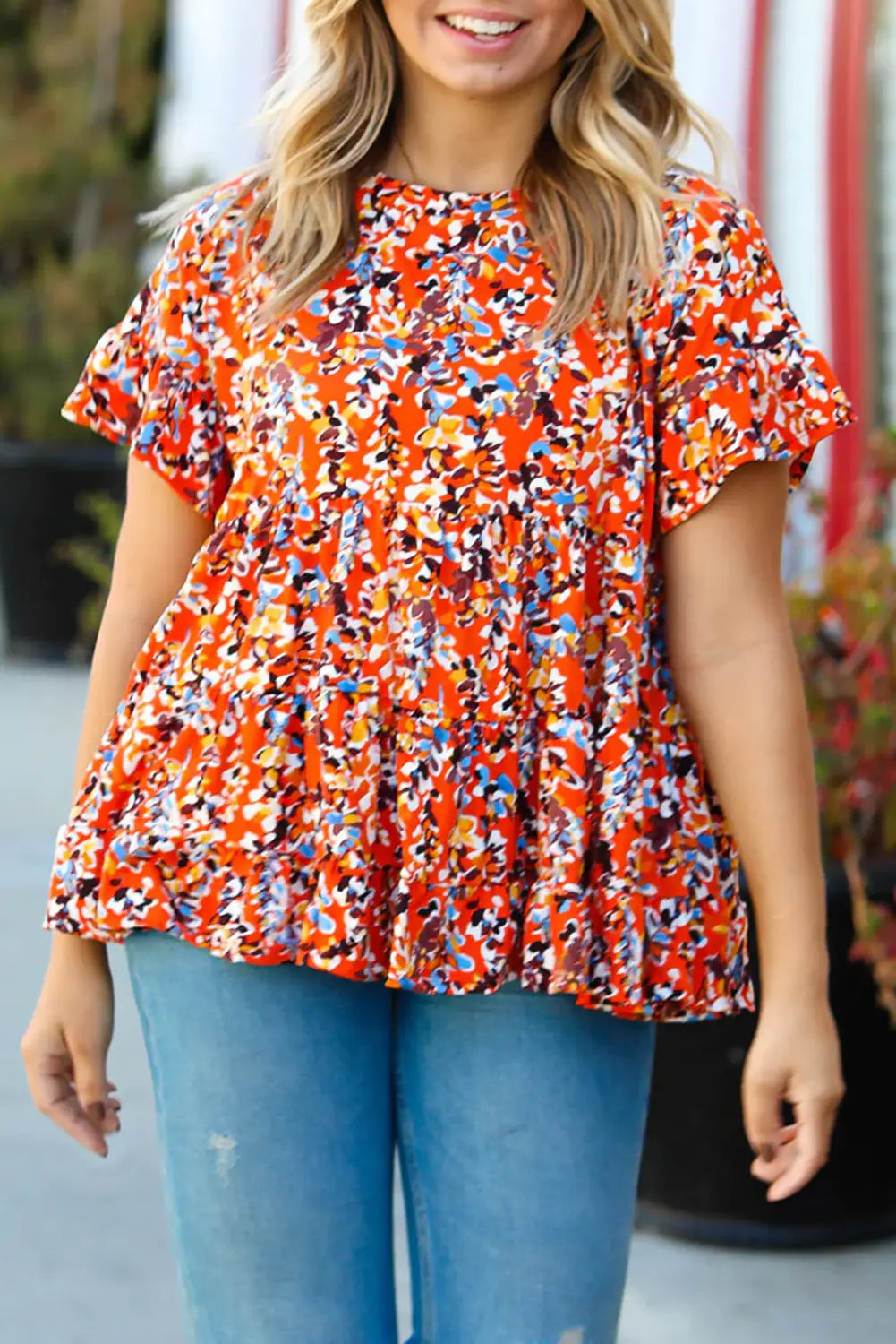 Orange Floral Printed Ruffle Sleeve Curvy Baby-doll Blouse-0