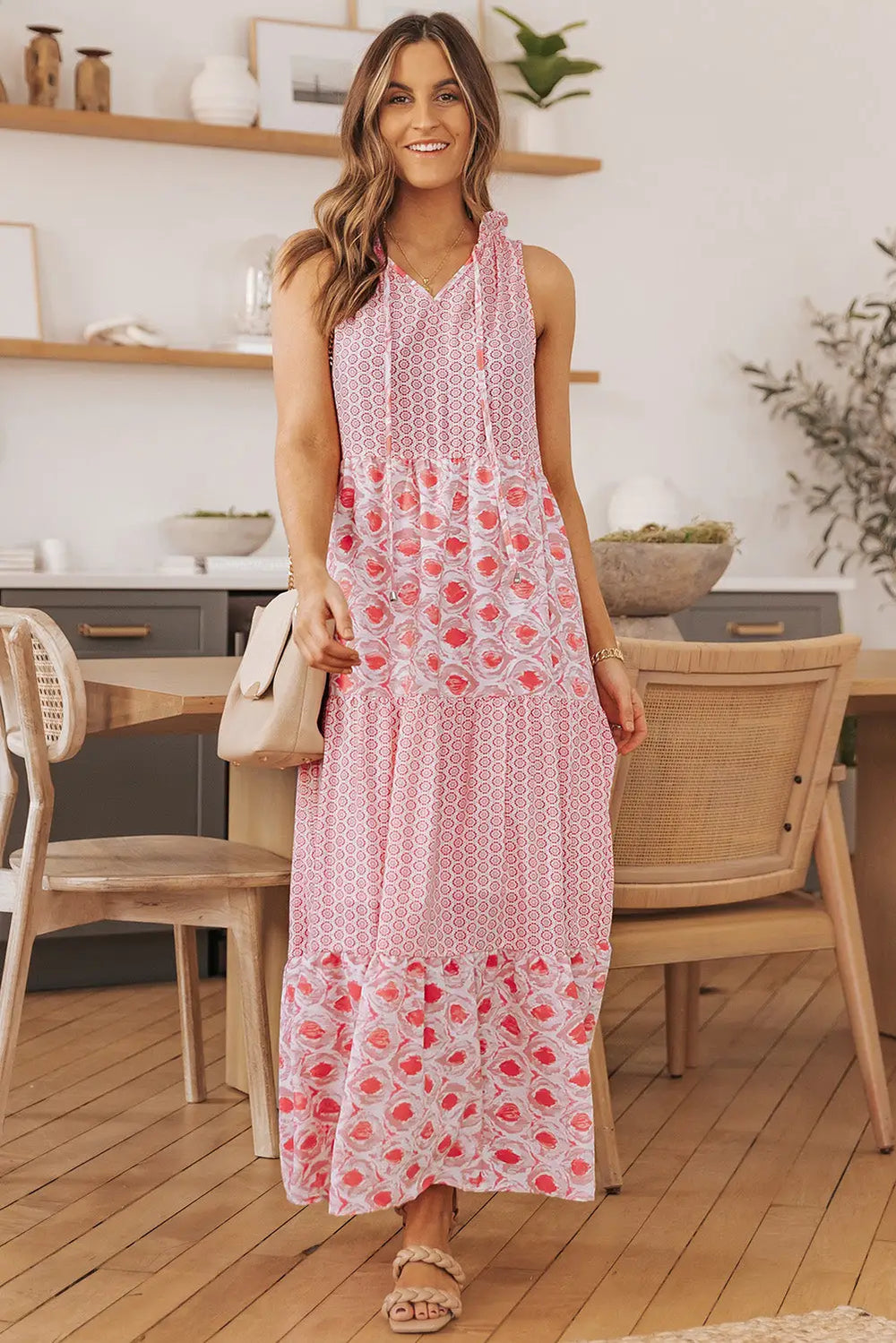Pink Abstract Print Split Neck Sleeveless Maxi Dress-2