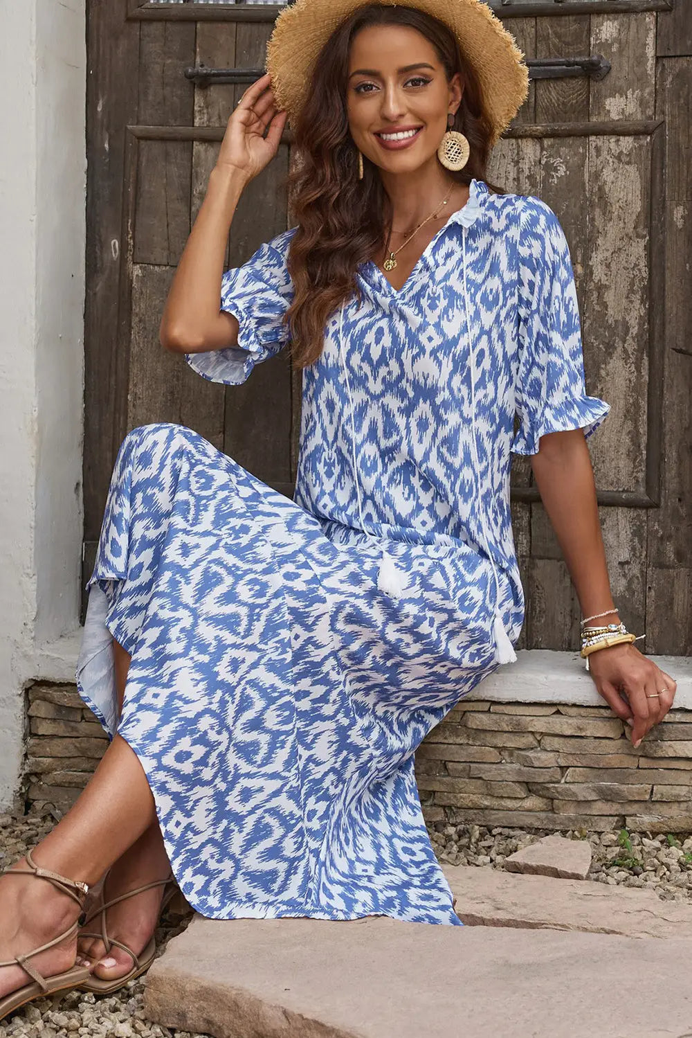 Pink V Neck Casual Geometric Print Maxi Dress-11