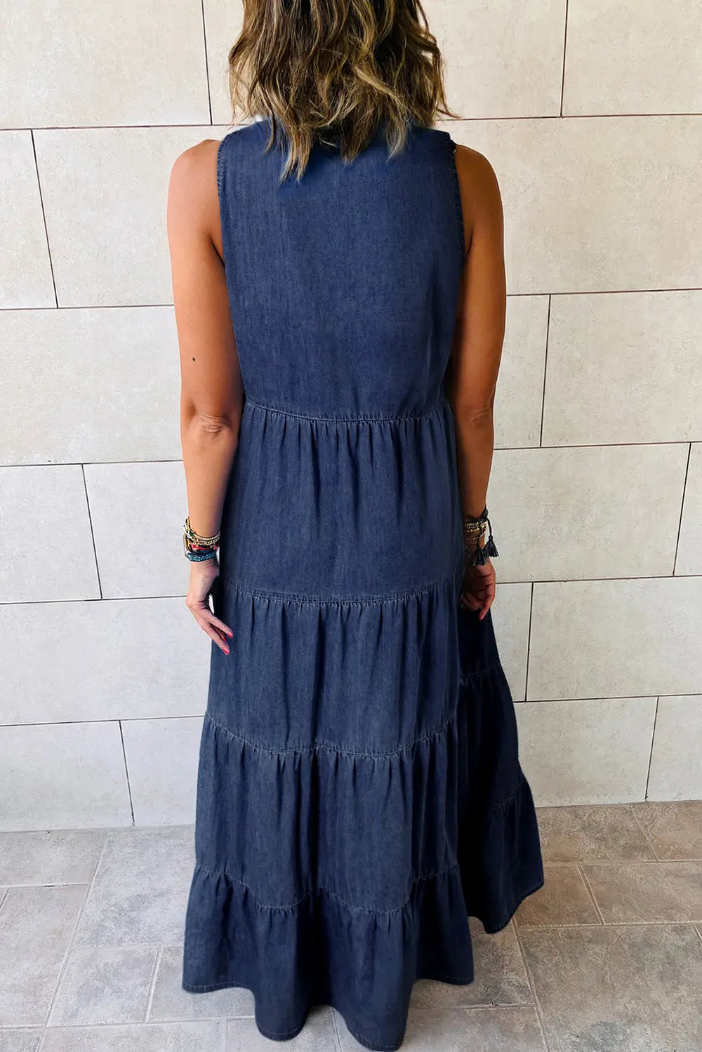 Real Teal Sleeveless Tiered Chambray Maxi Dress-1