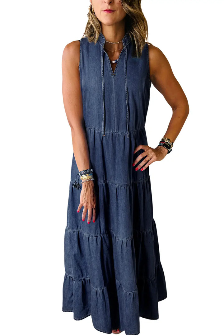 Real Teal Sleeveless Tiered Chambray Maxi Dress-2