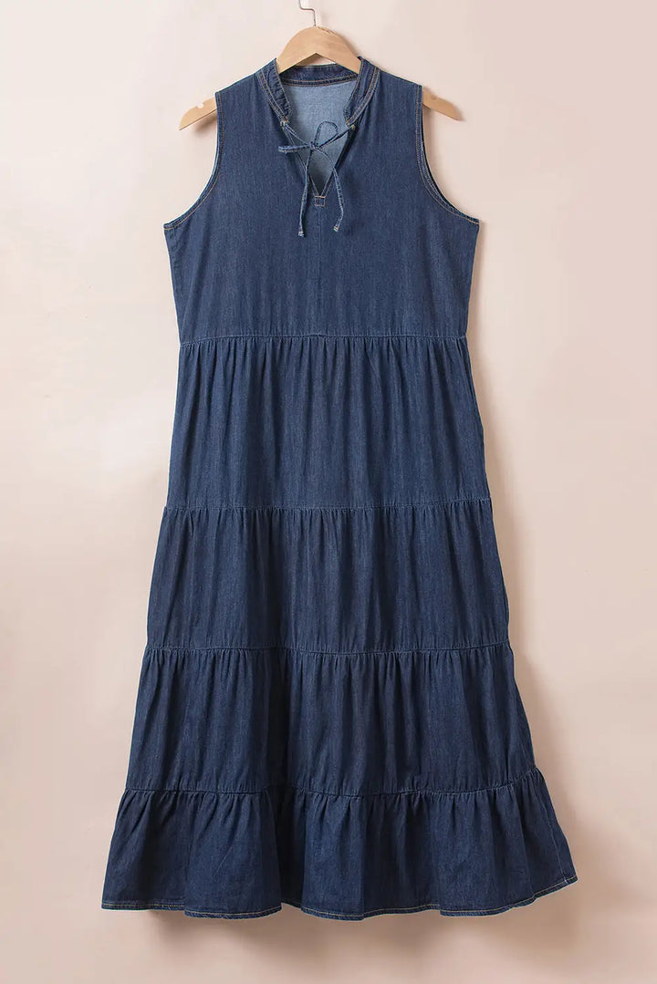 Real Teal Sleeveless Tiered Chambray Maxi Dress-3
