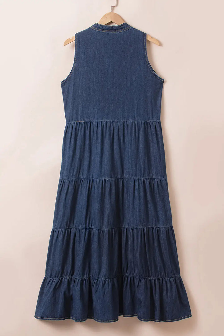Real Teal Sleeveless Tiered Chambray Maxi Dress-4