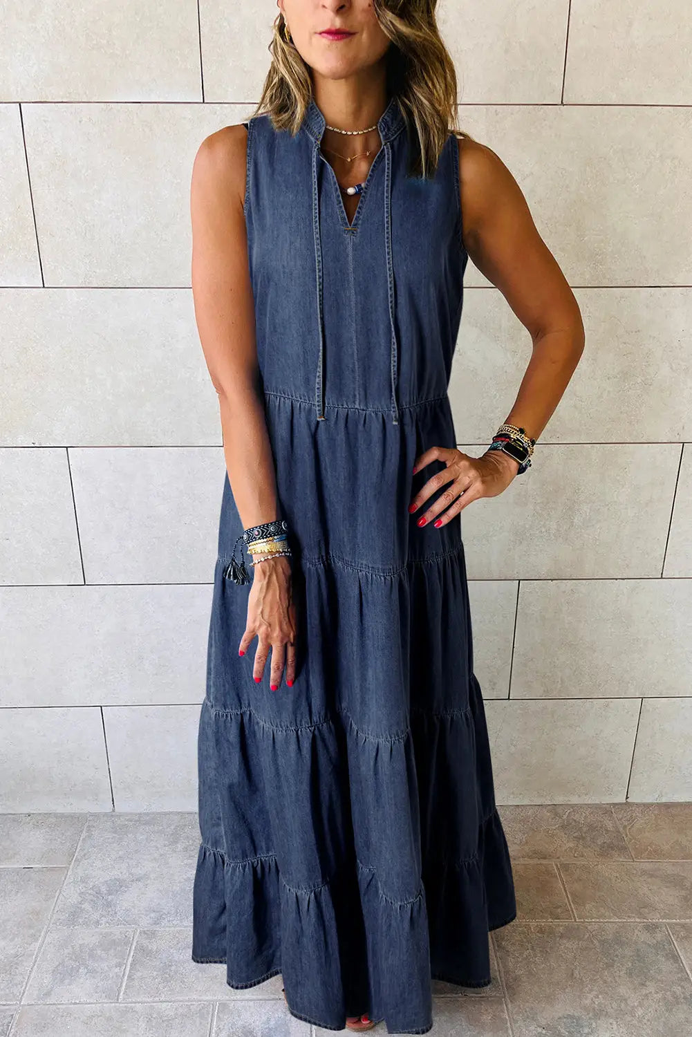 Real Teal Sleeveless Tiered Chambray Maxi Dress-0