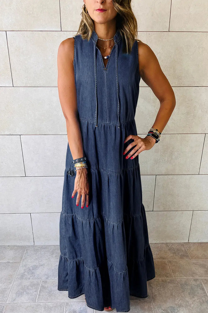 Real Teal Sleeveless Tiered Chambray Maxi Dress-0