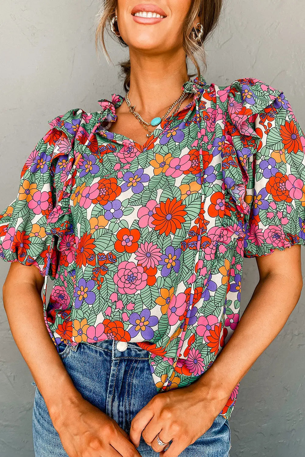 Red Floral Puff Sleeve Blouse-0
