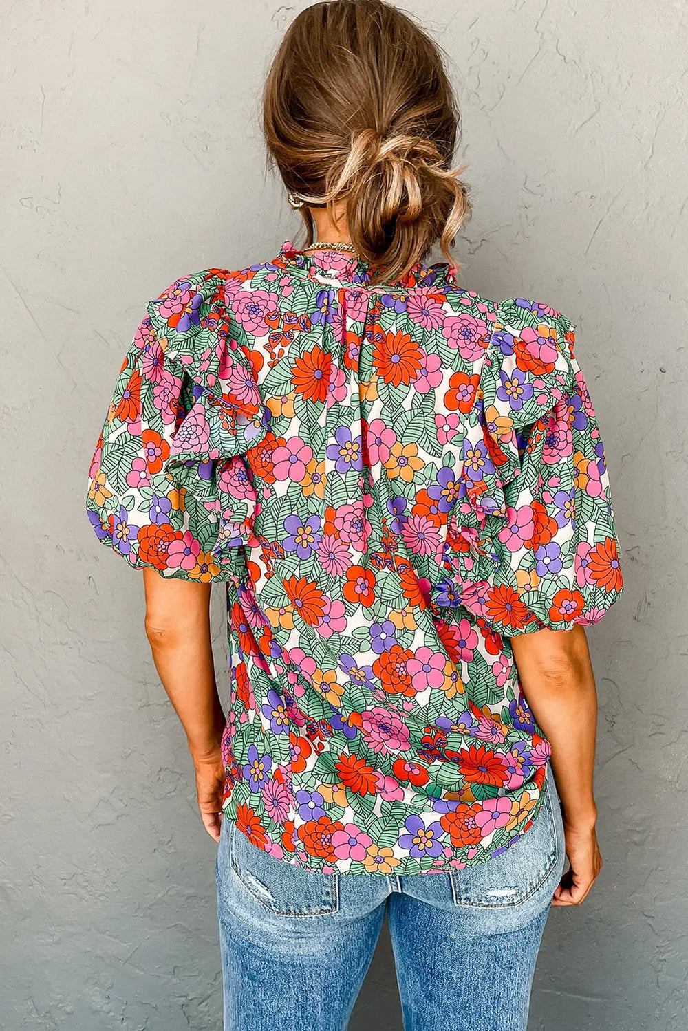 Red Floral Puff Sleeve Blouse-1