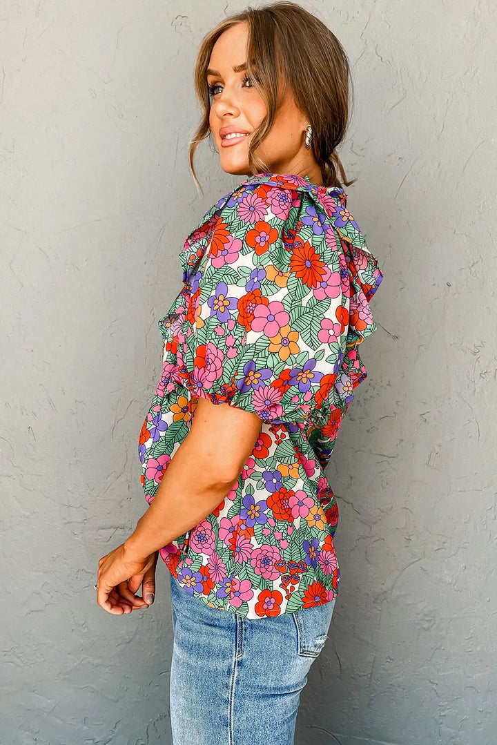 Red Floral Puff Sleeve Blouse-2