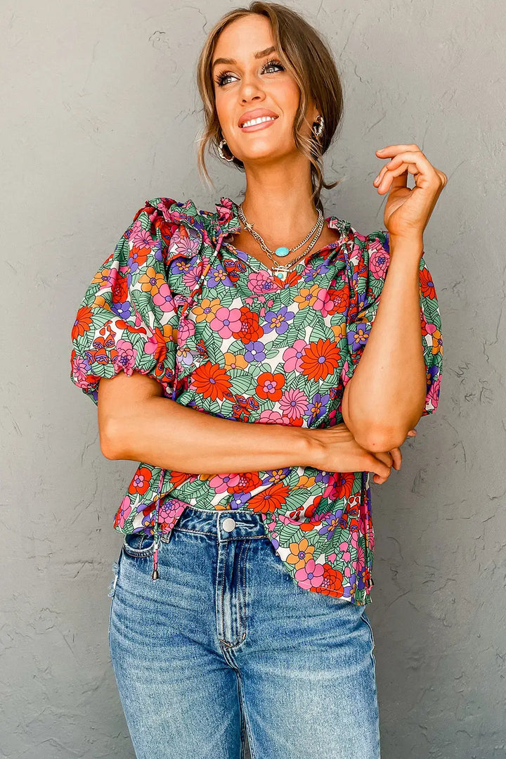 Red Floral Puff Sleeve Blouse-3