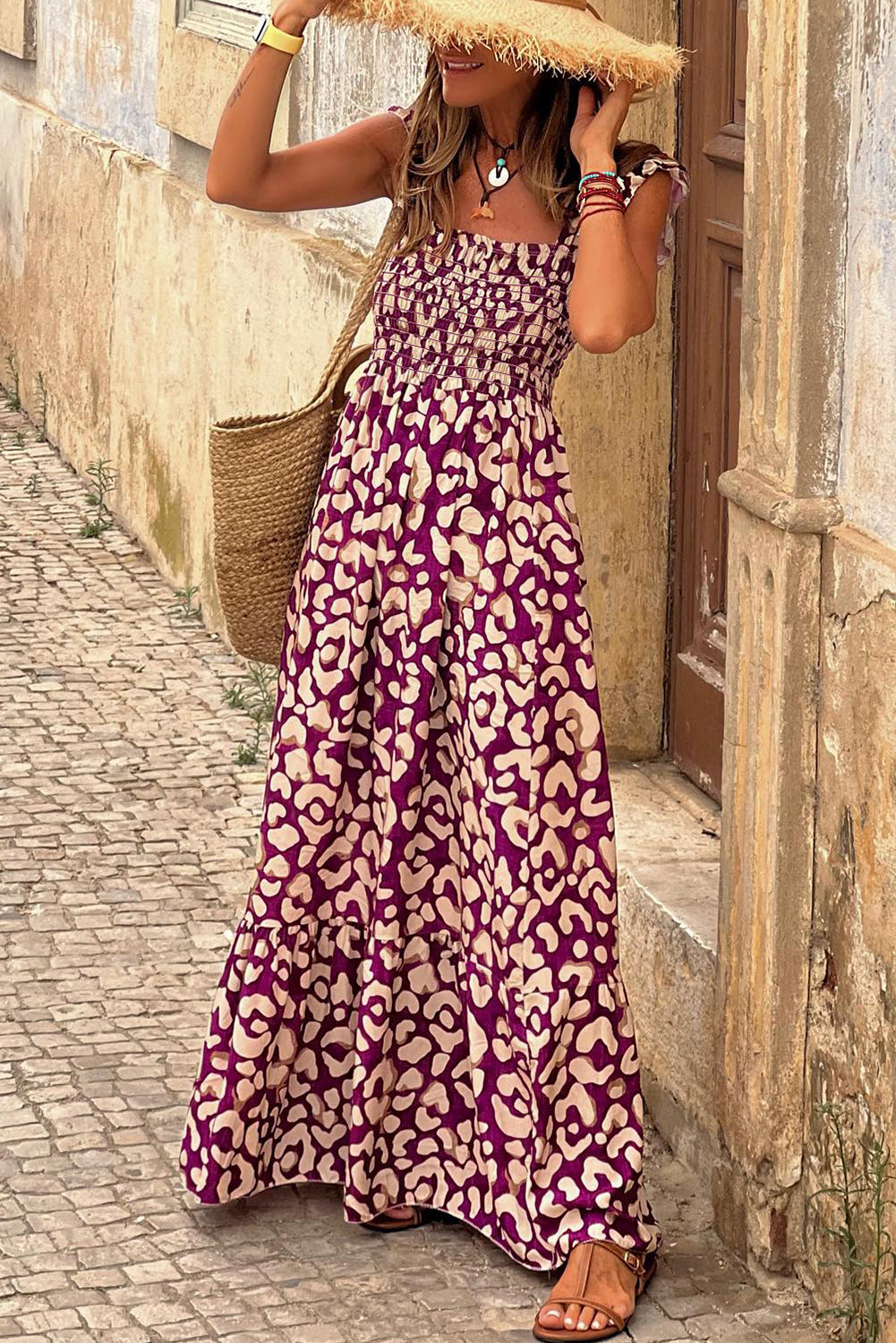 Rose Ruffle Straps Smocked Maxi Dress-0
