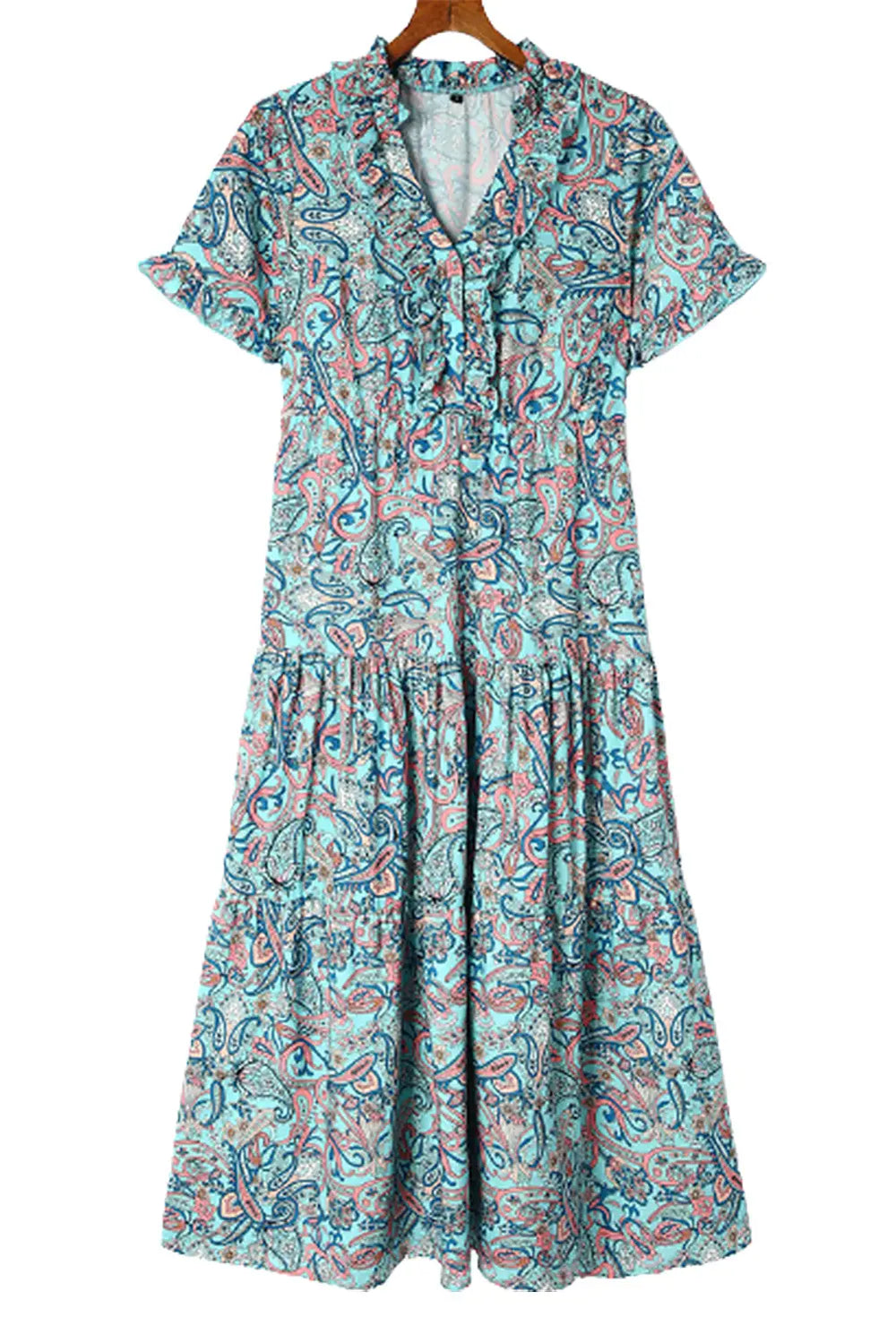 Sky Blue Paisley Print Boho Holiday Ruffle Tiered Maxi Dress-18