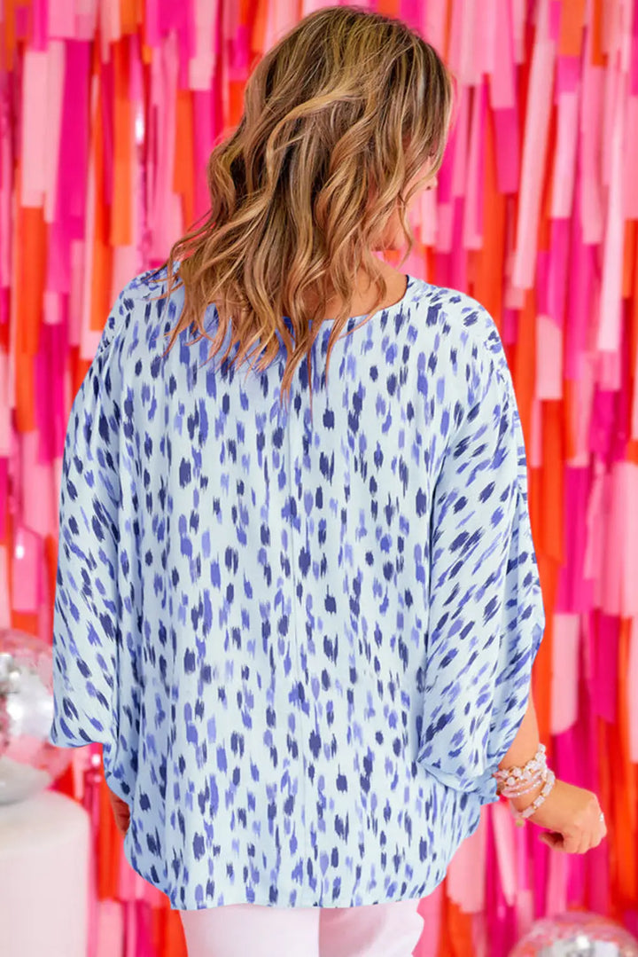 Sky Blue Printed Printed 3/4 Dolman Sleeve Plus Size Blouse-1