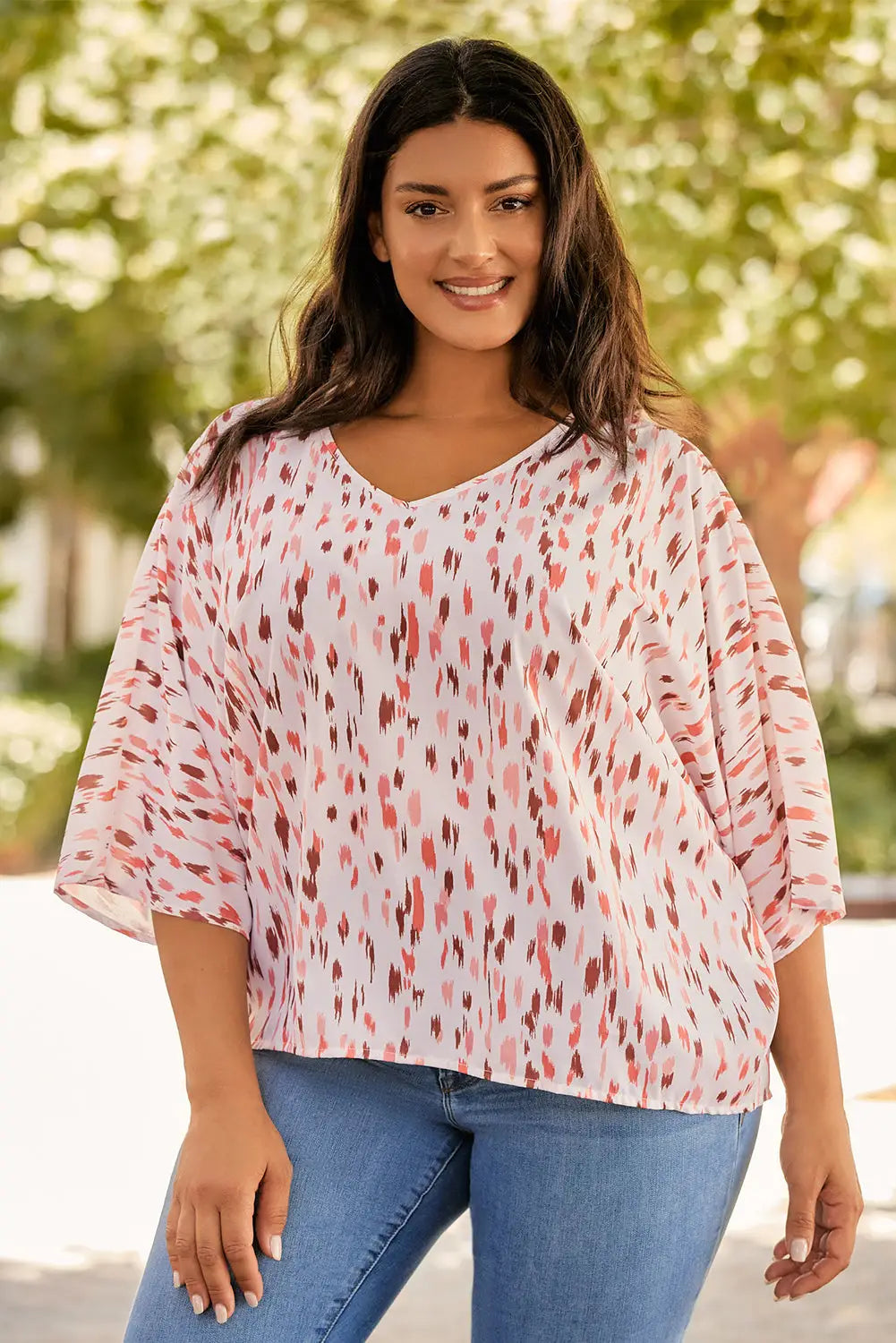 Sky Blue Printed Printed 3/4 Dolman Sleeve Plus Size Blouse-5