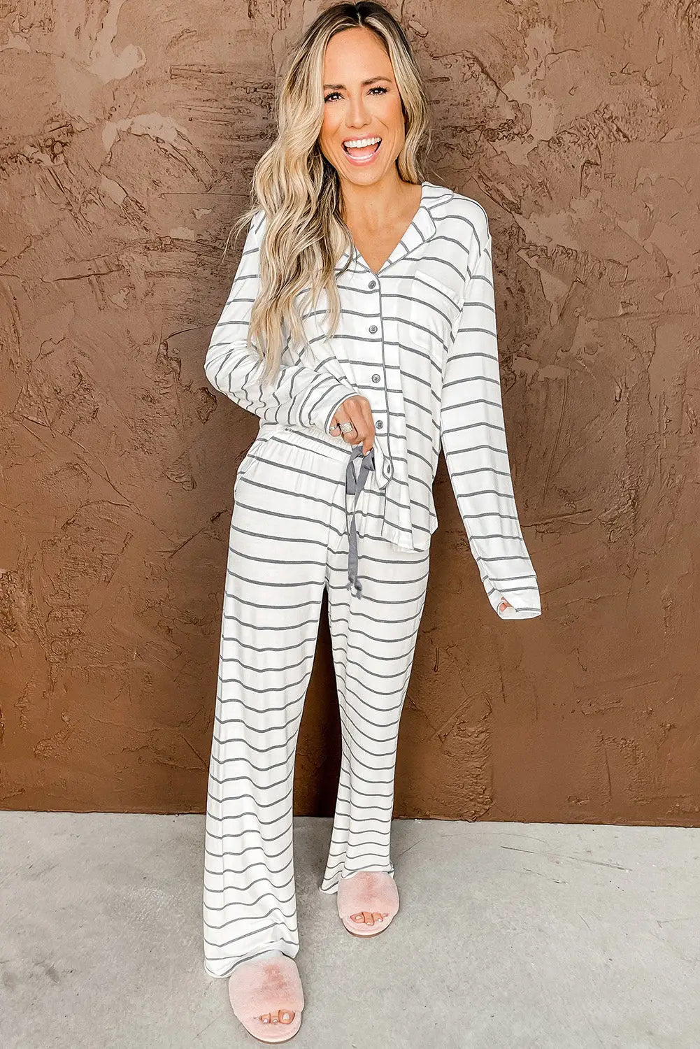 Striped Print Long Sleeve and Pants Pajamas Set-3