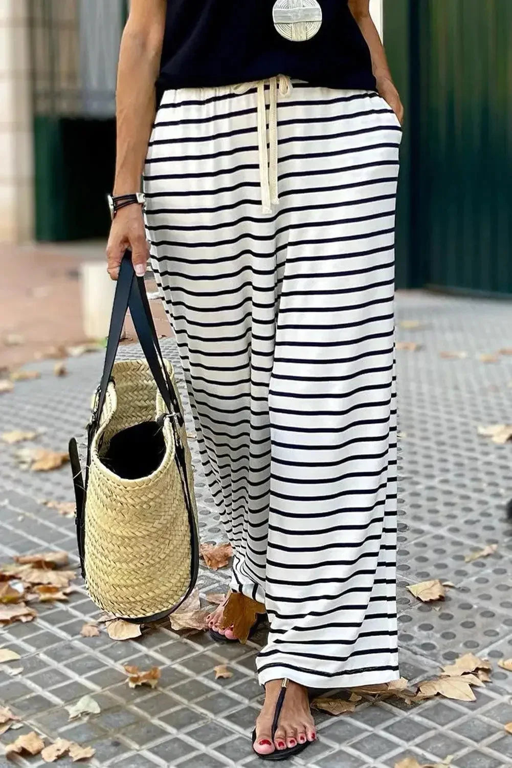 White Drawstring Striped Wide Leg Pants Lily Ella