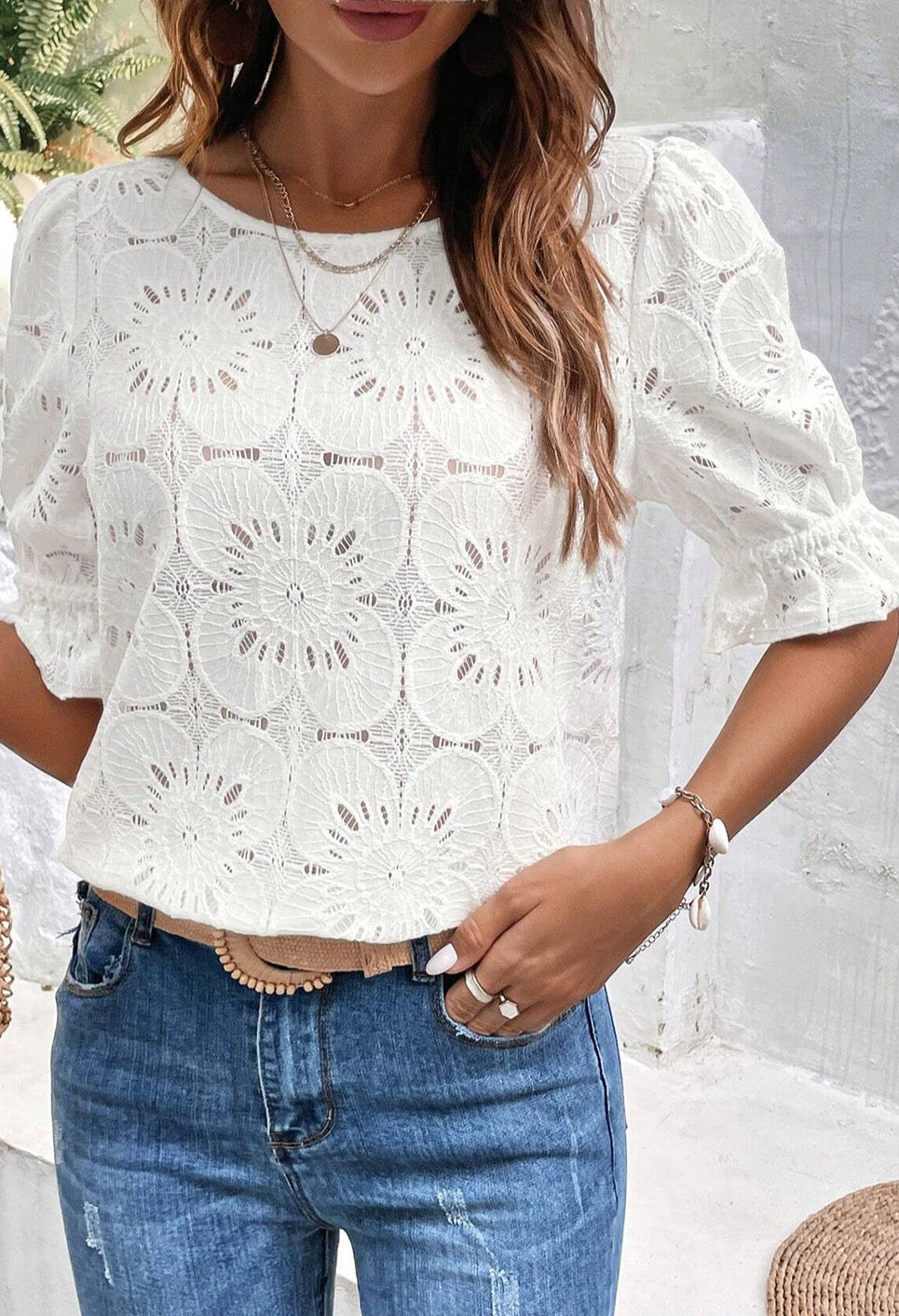 White Flower Eyelet Jacquard Top-0