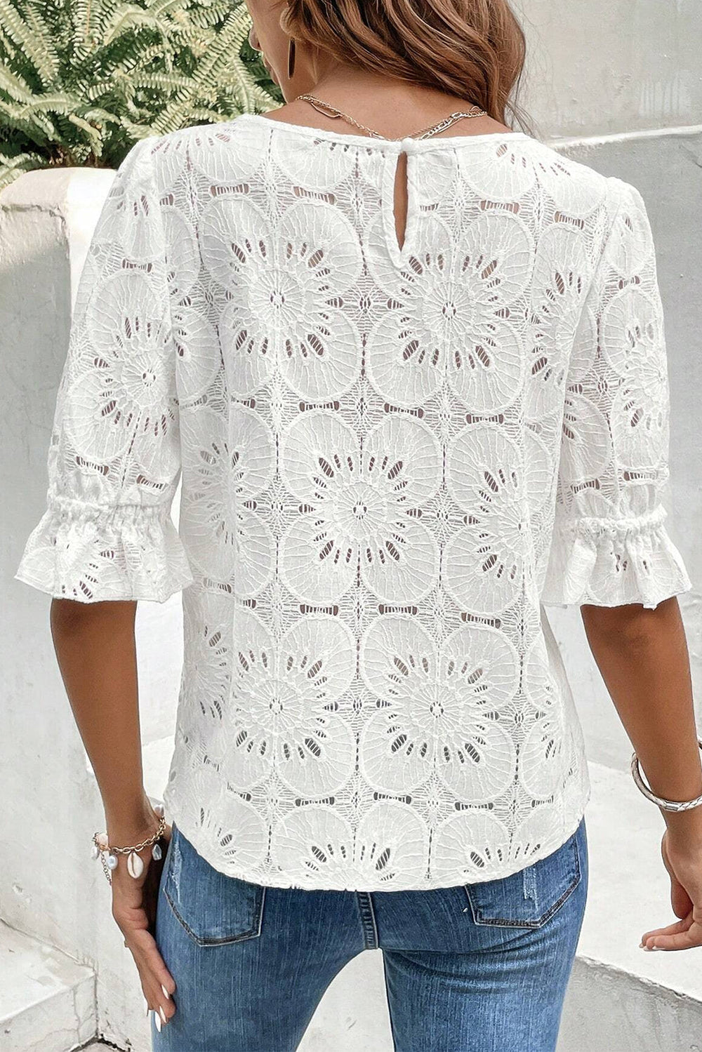 White Flower Eyelet Jacquard Top-1