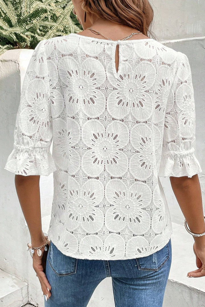 White Flower Eyelet Jacquard Top-1