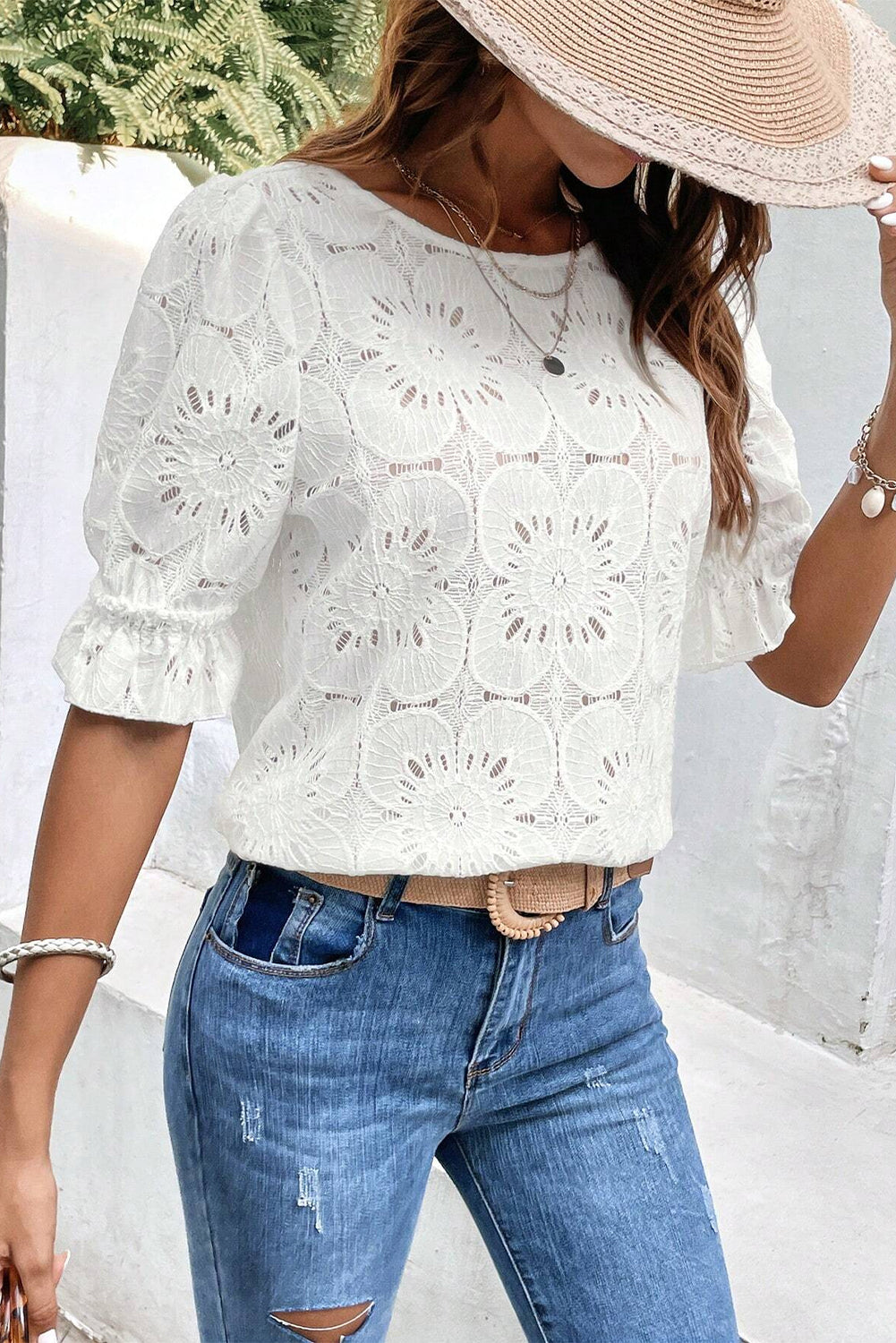 White Flower Eyelet Jacquard Top-2
