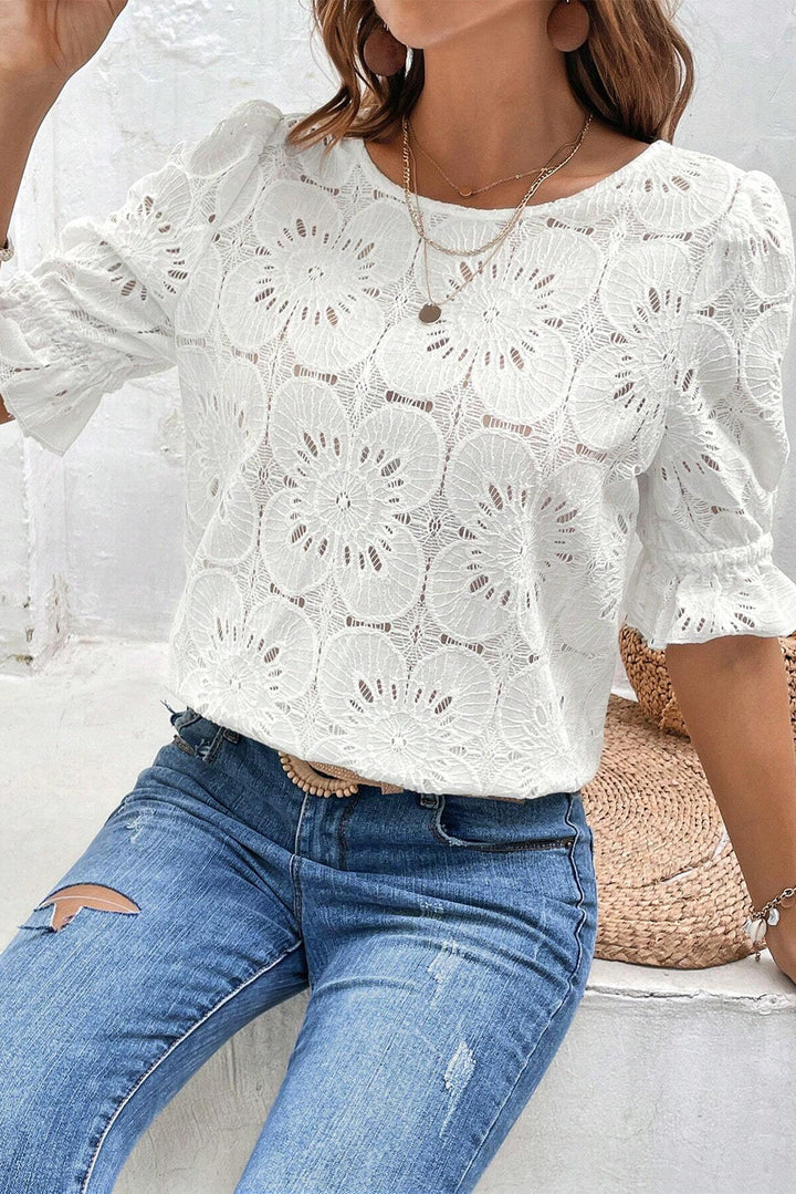 White Flower Eyelet Jacquard Top-3
