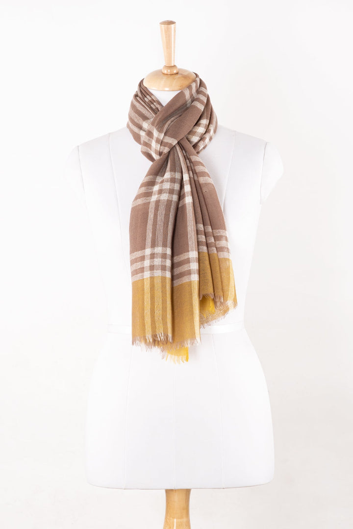 Yarn Dyed Windowpane Checks Twill Weave Merino Wool Scarf - Beige Ochre-0