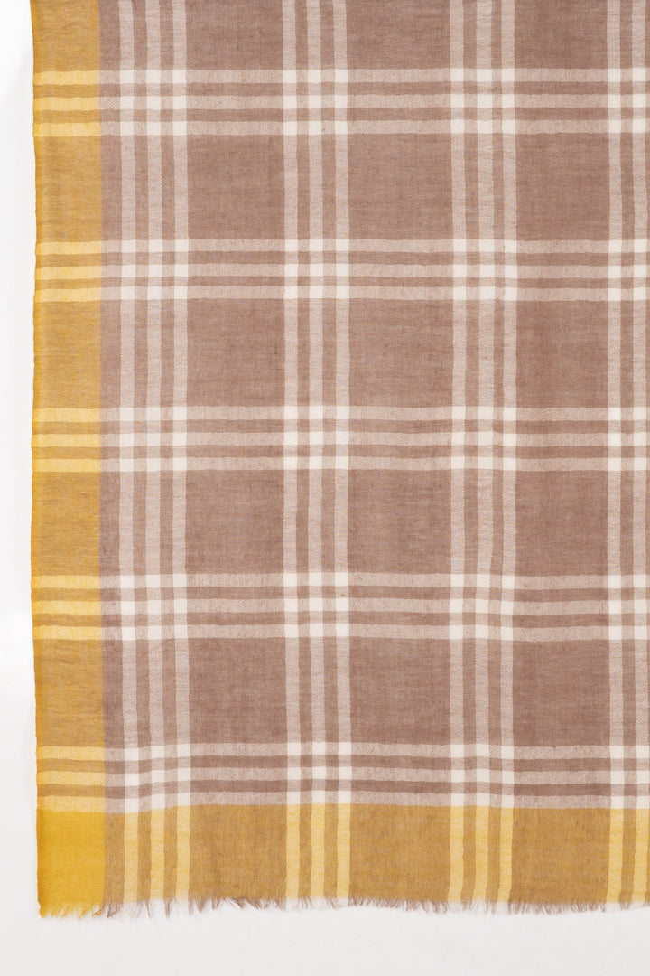 Yarn Dyed Windowpane Checks Twill Weave Merino Wool Scarf - Beige Ochre-2