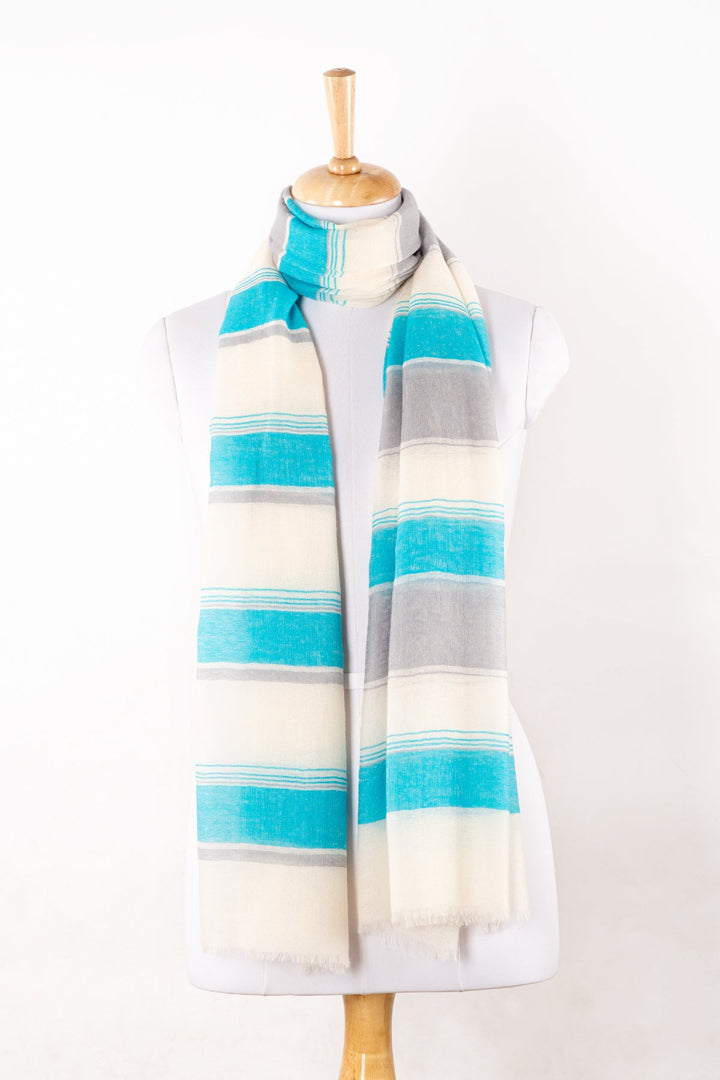 Wide Stripes Merino Wool Scarf - Turquoise White-1